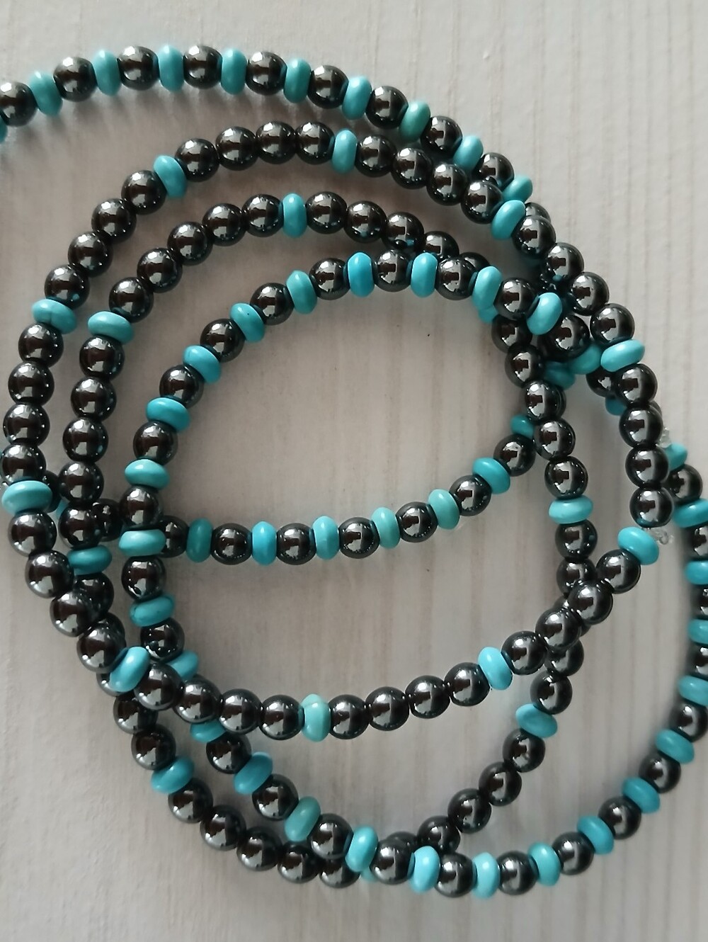 Turquoise and Gunmetal Hematite Stone Beaded  Bracelets Set Of 4- Women Jewelry